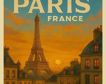 Paris France Travel Poster | Café de Flore Vintage Wall Art | Romantic Eiffel Tower Print | French Sunset Painting | Parisian Home Decor