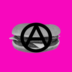 May include: A pink background with a black anarchy symbol superimposed on a grayscale image of a hamburger. The text "POOPING AT WORK" and "MINIMUM WAGE REBELLION" is at the top of the image. The text "A FOOD SERVICE GUIDE TO BLUE COLLAR VERSIONS OF WHITE COLLAR CRIME." is at the bottom of the image.