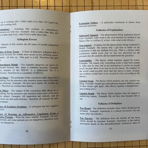May include: A page from a book about logic and fallacies. The page is divided into two columns. The left column lists and explains different types of syllogistic errors, including the fallacy of four terms, undistributed middle, illicit major, illicit minor, and fallacy of exclusive premises. The right column lists and explains different types of fallacies of explanation, including existential fallacy, subverted support, non-support, untestability, limited scope, and limited depth. The page also lists and explains different types of fallacies of definition, including too broad and too narrow.