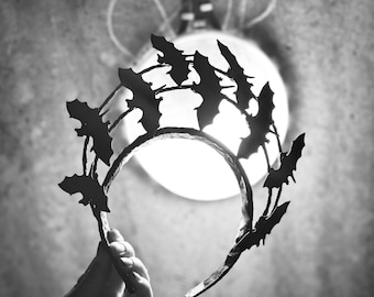 Gothic Bat Crown, Handcrafted Halloween Headband, Black Bat Accessory