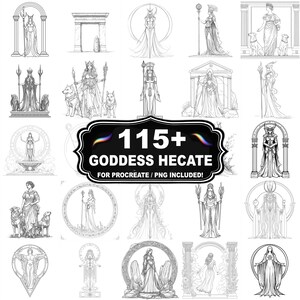 Puede incluir: Una colección de ilustraciones en blanco y negro que presentan diversas representaciones de la diosa Hécate. Las imágenes incluyen figuras con túnicas fluidas, sosteniendo báculos y rodeadas de elementos arquitectónicos. El texto "115+ GODDESS HECATE" se muestra de forma destacada.