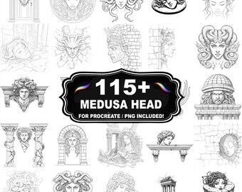 Mais de 115 carimbos de cabeça da Medusa para Procreate, pincéis de mitologia grega para Procreate, download instantâneo com PNG incluído.