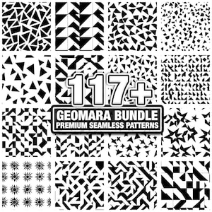 May include: A collection of 12 black and white geometric seamless patterns. The patterns include triangles, squares, and other shapes. The image also includes the text "117+ GEOMARA BUNDLE PREMIUM SEAMLESS PATTERNS".