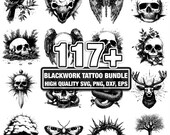 115+ Blackwork Tattoo Bundle, Dark Line Art Designs, Instant Download png, dxf, eps, svg