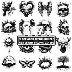 115+ Blackwork Tattoo Bundle, Dark Line Art Designs, Instant Download png, dxf, eps, svg