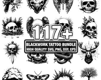 115+ Blackwork Tattoo Bundle, Dark Line Art Designs, Instant Download png, dxf, eps, svg