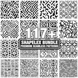 Può includere: Una collezione di motivi geometrici senza cuciture in bianco e nero. L'immagine presenta una griglia di vari design, tra cui forme astratte, linee e motivi ripetuti. Il testo "117+ SHAPELEX BUNDLE PREMIUM SEAMLESS PATTERNS" è visualizzato.