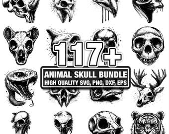 Más de 115 diseños de calaveras de animales, descarga instantánea en formato PNG, DXF, EPS y SVG.
