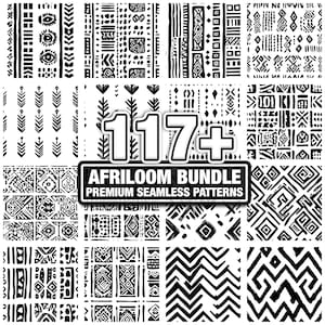 Może przedstawiać: Kolekcja czarno-białych bezszwowych wzorów z geometrycznymi i plemiennymi wzorami. Obraz zawiera znak z napisem "117+ AFRILOOM BUNDLE PREMIUM SEAMLESS PATTERNS". Wzory mają różne kształty i style.