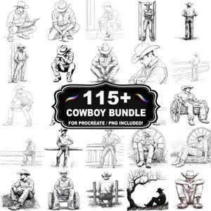 Puede incluir: Una colección de ilustraciones en blanco y negro de vaqueros. La imagen presenta varias poses de vaqueros, incluyendo sentados, de pie y apoyados. El texto "115+ COWBOY BUNDLE" se muestra en un marco decorativo, con "FOR PROCREATE / PNG INCLUDED!" debajo.