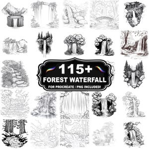 May include: A collection of black and white illustrations of forest waterfalls. The images include various waterfall designs, some with trees and rocks. The text "115+ FOREST WATERFALL" is displayed on a black sign, with "FOR PROCREATE / PNG INCLUDED!" below.
