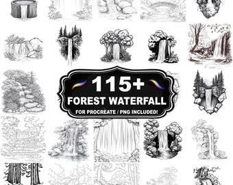 Mais de 115 carimbos de cachoeiras na floresta para Procreate, conjunto de pincéis de paisagem natural, download instantâneo em PNG incluído.