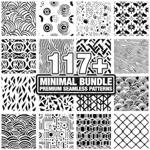 Peut inclure: Une collection de 16 motifs sans couture en noir et blanc. Les motifs comprennent diverses formes géométriques, des lignes et des formes organiques. L'image comprend également le texte "117+ MINIMAL BUNDLE PREMIUM SEAMLESS PATTERNS".