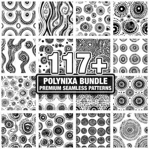 Pode incluir: Uma coleção de padrões sem costura em preto e branco. Os padrões apresentam vários designs circulares e abstratos. A imagem inclui o texto "117+ POLYINIXA BUNDLE PREMIUM SEAMLESS PATTERNS".
