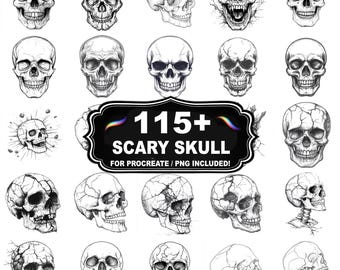 Más de 115 sellos de calaveras aterradoras para Procreate, pinceles de calaveras de terror para Procreate, descarga instantánea con PNG incluido