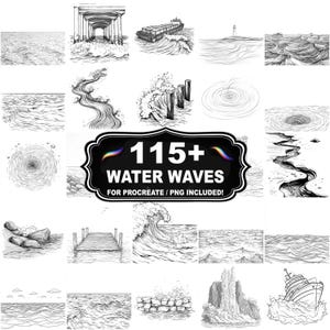 May include: A collection of 115+ black and white illustrations of water waves, including ocean scenes, river currents, and abstract wave patterns. The text on the image reads "115+ WATER WAVES FOR PROCREATE / PNG INCLUDED!"
