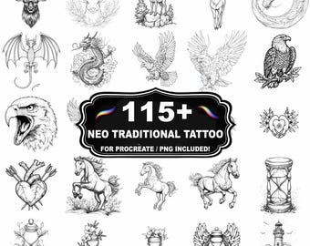 Mais de 115 carimbos de tatuagem neo tradicional para Procreate, pincéis de design de tatuagem para Procreate, download instantâneo com PNG incluído.