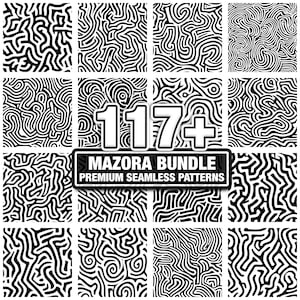 Könnte beinhalten: Ein Raster von 12 nahtlosen Schwarz-Weiß-Mustern mit einem Labyrinth-Design. Das Bild enthält den Text "117+ MAZORA BUNDLE PREMIUM SEAMLESS PATTERNS". Geeignet für verschiedene Designprojekte.