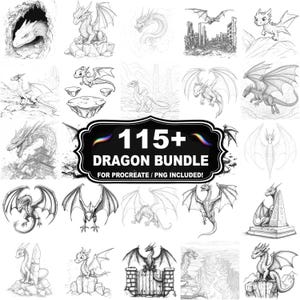 May include: A collection of dragon illustrations in various poses and styles, rendered in black and white. The image includes a central banner with the text "115+ DRAGON BUNDLE" and "FOR PROCREATE / PNG INCLUDED!"