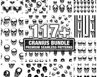Patrones de calaveras Cranius, paquete de texturas góticas sin costuras. Descarga instantánea en formato PNG, DXF, EPS y SVG.