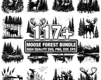 115+ Moose Forest Bundle, Wildlife Designs, Instant Download png, dxf, eps, svg