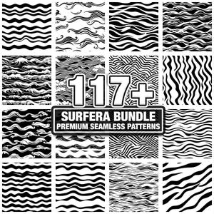 Puede incluir: Una colección de patrones sin costuras en blanco y negro con diseños de olas y rayas. La imagen incluye un letrero que dice "SURFERA BUNDLE PREMIUM SEAMLESS PATTERNS" y el número "117+". Los patrones son adecuados para varios proyectos de diseño.