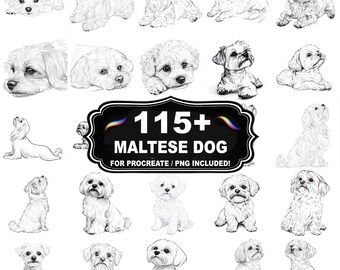 Mais de 108 carimbos com desenho de cachorro maltês, conjunto de cachorros brancos pequenos, download instantâneo.