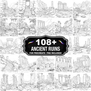 Könnte beinhalten: Eine Sammlung von Schwarz-Weiß-Strichzeichnungen antiker Ruinen, darunter Tempel, Treppen und Torbögen. Das Bild zeigt ein zentrales schwarzes Schild mit dem Text "108+ ANCIENT RUINS FOR PROCREATE / PNG INCLUDED!"