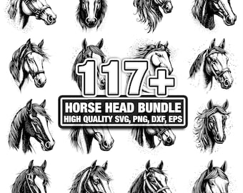 Pacote com mais de 115 cabeças de cavalo, desenhos equestres, download instantâneo em png, dxf, eps e svg.