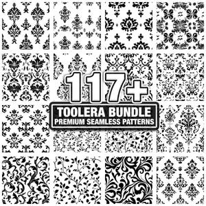 May include: A collection of black and white seamless patterns. The image features various floral and ornamental designs, including damask and botanical motifs. The text "117+" and "TOOLERA BUNDLE PREMIUM SEAMLESS PATTERNS" are also visible.