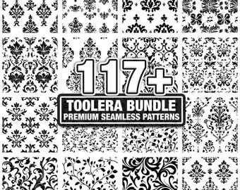 May include: A selection of black and white seamless patterns. The image showcases diverse floral and ornamental designs, including damask and botanical motifs. The text "117+" and "TOOLERA BUNDLE PREMIUM SEAMLESS PATTERNS" are also visible.