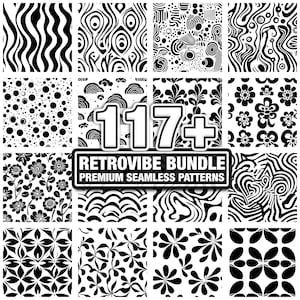 May include: A collection of black and white retro-style seamless patterns. The image features various designs, including wavy lines, dots, floral motifs, and abstract shapes. The text reads "117+ RETROVIBE BUNDLE PREMIUM SEAMLESS PATTERNS."