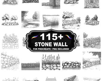Más de 115 sellos de muro de piedra para Procreate, paquete de imágenes PNG de muros, descarga instantánea.