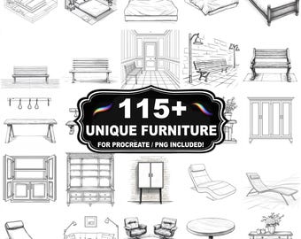Mais de 115 carimbos exclusivos de móveis para Procreate, pincéis de móveis vintage para Procreate, download instantâneo com PNG incluído.