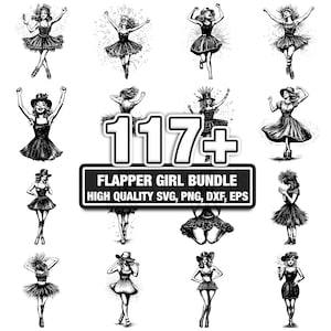 Può includere: Illustrazioni in bianco e nero di ragazze flapper in varie pose. L'immagine include il testo "117+" e uno striscione che recita "FLAPPER GIRL BUNDLE HIGH QUALITY SVG, PNG, DXF, EPS". Le illustrazioni raffigurano donne in abiti flapper.