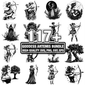 May include: A collection of black and white illustrations featuring the Greek goddess Artemis with a bow and arrow. The images include various poses and styles, with the text "Goddess Artemis Bundle" and "117+".