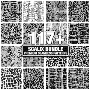 May include: A collection of 16 square tiles featuring black and white crocodile skin patterns. The image includes a central banner with the text "117+ SCALIX BUNDLE PREMIUM SEAMLESS PATTERNS". The patterns vary in scale and detail.
