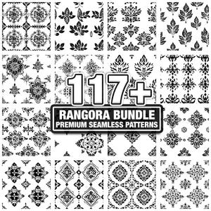 May include: A collection of black and white seamless patterns with floral and geometric designs. The image includes the text "117+ RANGORA BUNDLE PREMIUM SEAMLESS PATTERNS". The patterns are suitable for various design projects.
