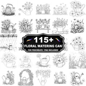 May include: A collection of 115+ floral watering can illustrations in black and white. The images feature various watering can designs with floral arrangements, suitable for Procreate and PNG use. The text "115+ Floral Watering Can" is displayed.