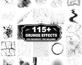 Mais de 115 efeitos grunge para Procreate, pacote de imagens PNG com efeito grunge, download instantâneo.
