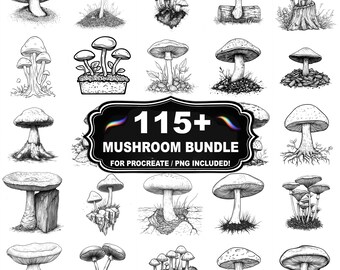 Mais de 115 carimbos de cogumelos para Procreate, pincéis de cogumelos da floresta para Procreate, download instantâneo com PNG incluído.