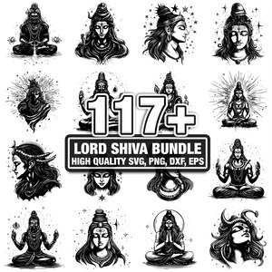 Peut inclure: Une collection d'illustrations en noir et blanc de Lord Shiva dans diverses poses et styles. L'image comprend le texte "117+" et "LORD SHIVA BUNDLE HIGH QUALITY SVG, PNG, DXF, EPS".