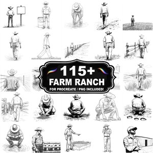 Puede incluir: Una colección de ilustraciones en blanco y negro que representan varias escenas de la vida en la granja. Se muestran vaqueros en diferentes poses, incluyendo caminar, agacharse y trabajar. La imagen central presenta el texto "115+ FARM RANCH FOR PROCREATE / PNG INCLUDED!"