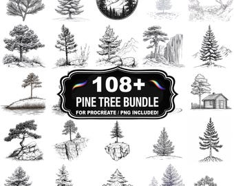 108+ Pine Tree Design Stamps, Evergreen Forest Set, Instant Download