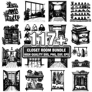 Könnte beinhalten: Schwarz-Weiß-Illustrationen von Kleiderschrank-Raumdesigns. Das Bild zeigt verschiedene Kleiderschrank-Layouts, Regale und Kleiderständer. Der Text lautet "CLOSET ROOM BUNDLE" und "HIGH QUALITY SVG, PNG, DXF, EPS" mit der Zahl "117+".