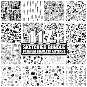 May include: A collection of black and white seamless patterns. The image features various designs, including floral, abstract shapes, and geometric patterns. The text "117+ SKETCHES BUNDLE PREMIUM SEAMLESS PATTERNS" is displayed prominently.