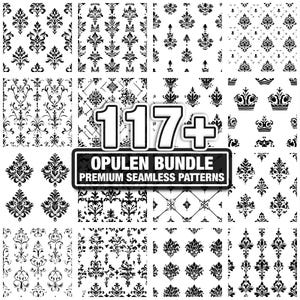 May include: A collection of black and white seamless patterns. The patterns feature various floral and ornamental designs. The image includes the text "117+ OPULEN BUNDLE PREMIUM SEAMLESS PATTERNS" on a black and white rectangular sign.
