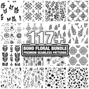 Puede incluir: Una colección de patrones florales boho sin costuras en blanco y negro. La imagen presenta varios diseños botánicos, incluyendo hojas, flores y helechos. El texto dice "117+ Boho Floral Bundle Premium Seamless Patterns."