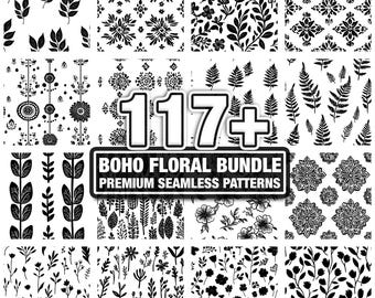 Estampados florales bohemios, paquete de texturas bohemias sin costuras. Descarga instantánea en formato PNG, DXF, EPS y SVG.