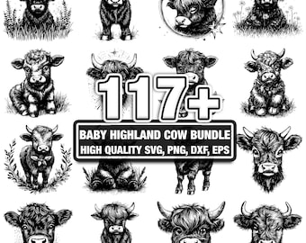 115+ Baby Highland Cow Bundle, Cute Farm Animal Designs, Instant Download png, dxf, eps, svg